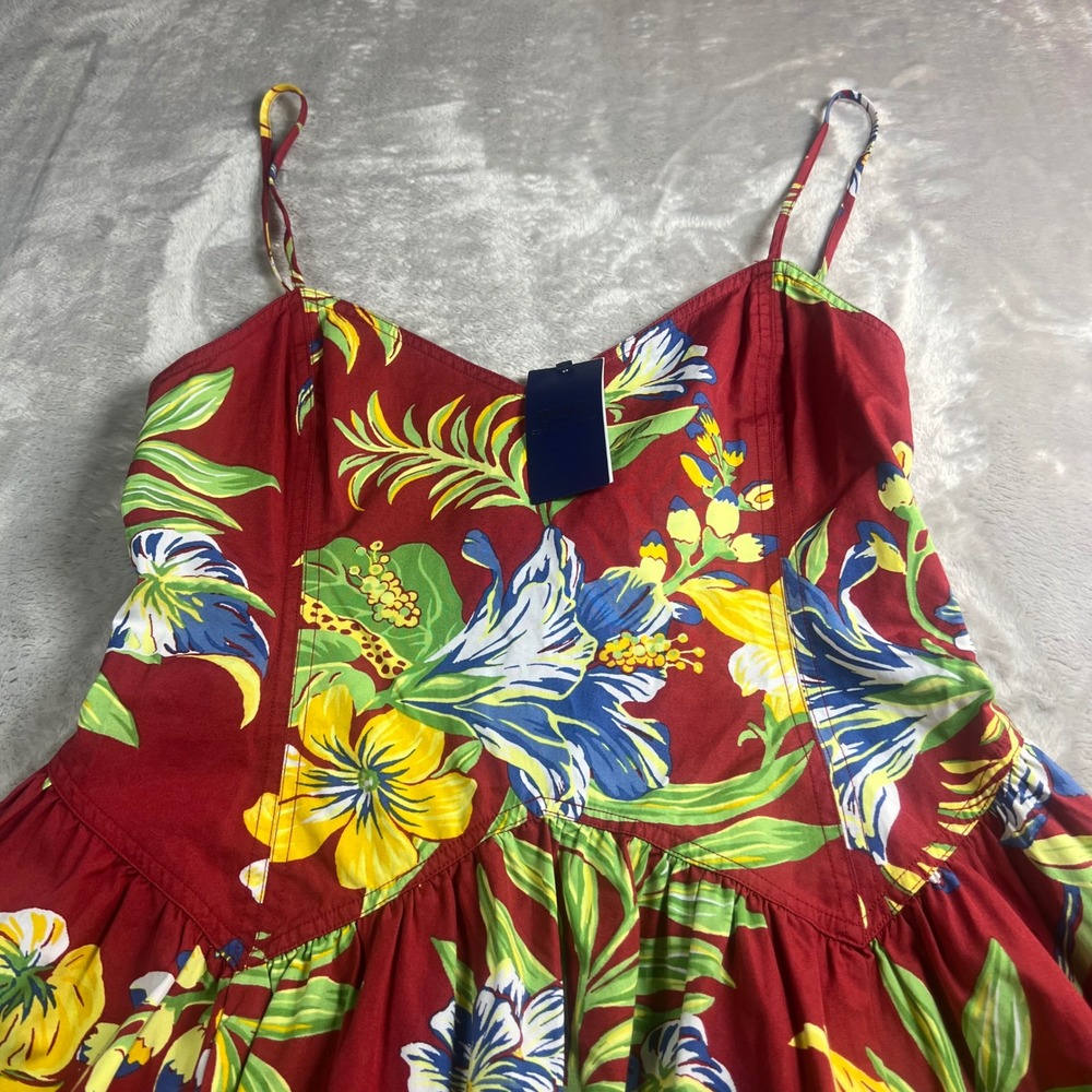 NWT Polo Ralph Lauren Women's 4 Midi Dress Red Tropical Floral Cotton Sundress